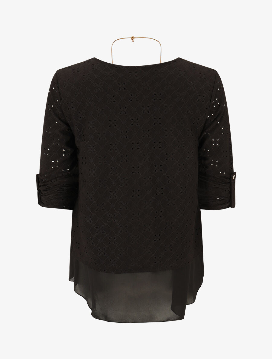 Blouse ajourée superposée à manches retroussables - Noir - 2