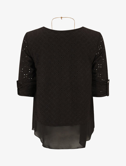Blouse ajourée superposée à manches retroussables - Noir - 2