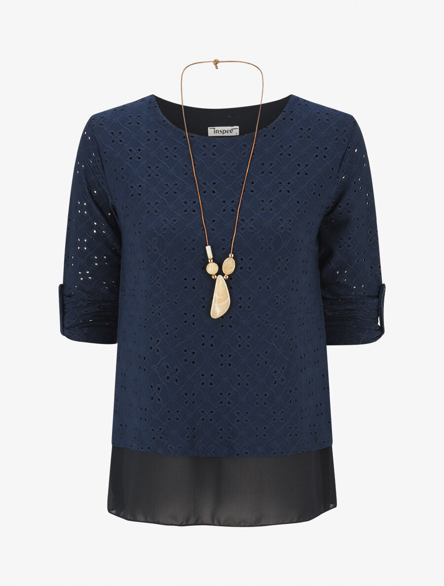 Blouse ajourée superposée à manches retroussables - Marine - 4