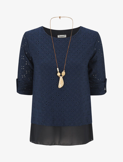 Blouse ajourée superposée à manches retroussables - Marine - 4