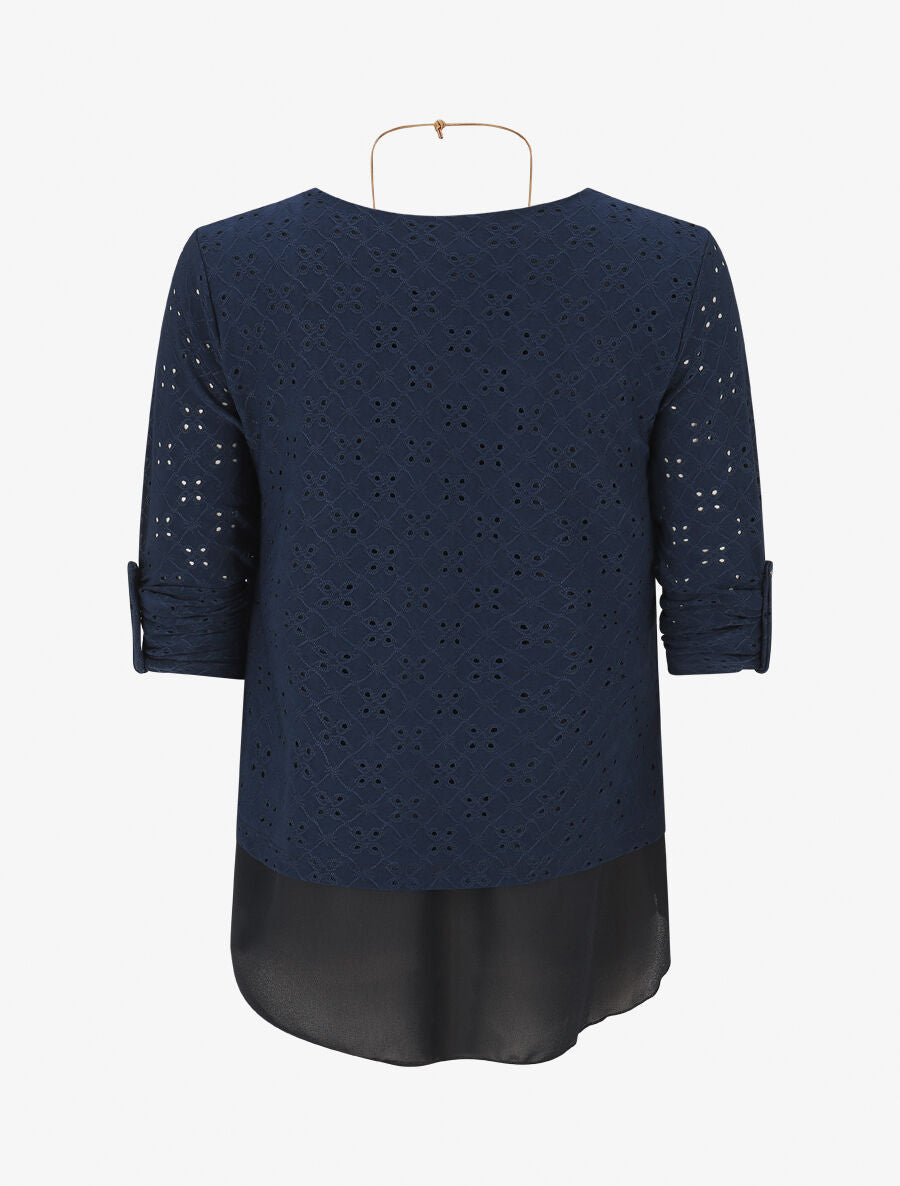 Blouse ajourée superposée à manches retroussables - Marine - 2