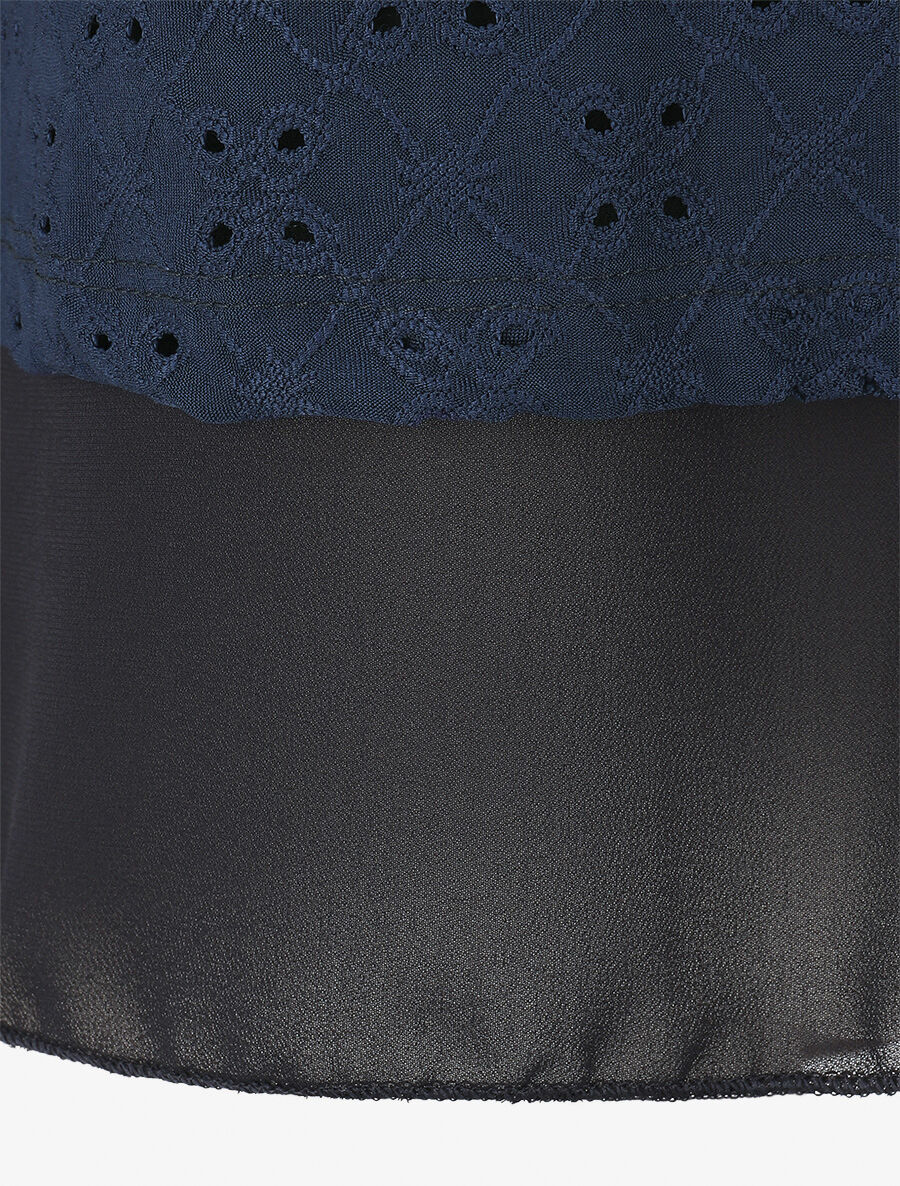 Blouse ajourée superposée à manches retroussables - Marine - 3