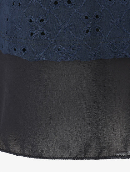 Blouse ajourée superposée à manches retroussables - Marine - 3