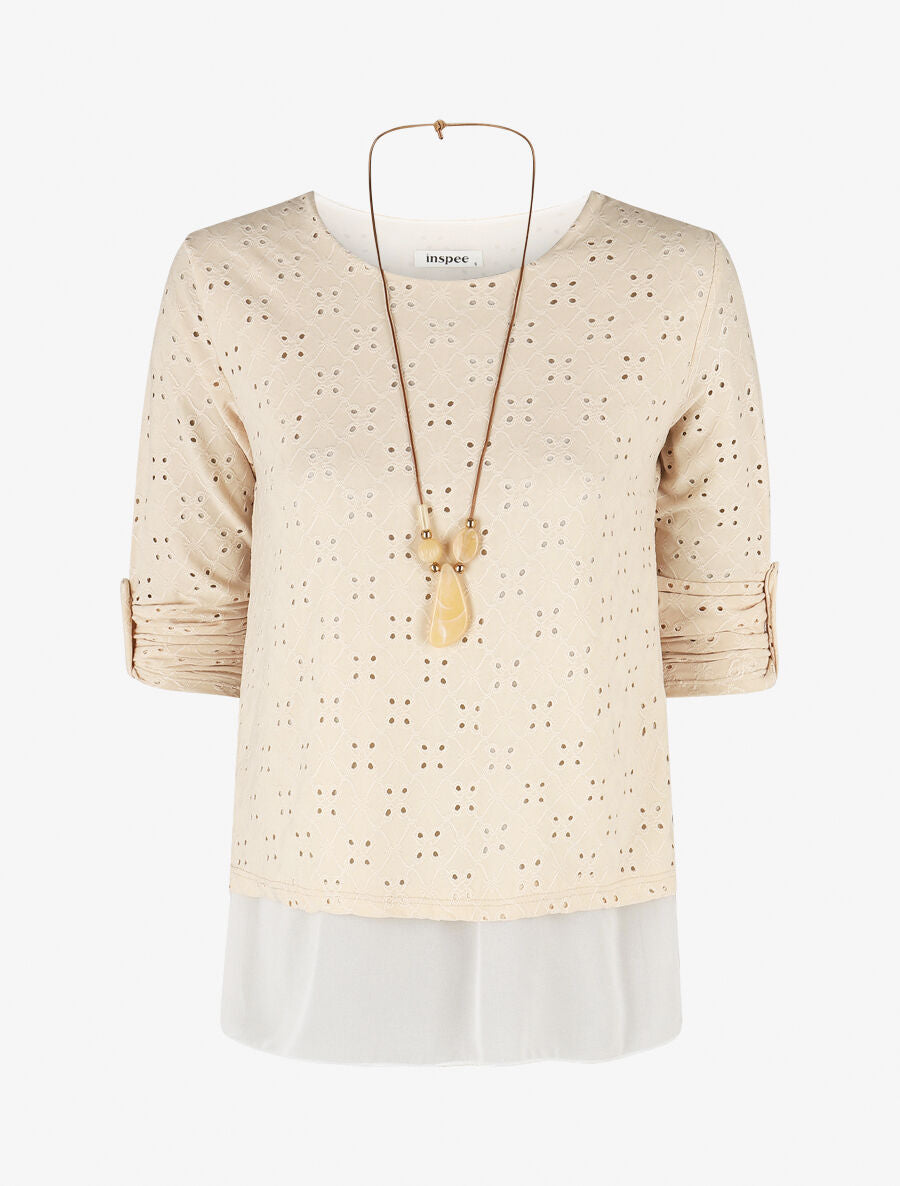 Blouse ajourée superposée à manches retroussables - Beige - 4