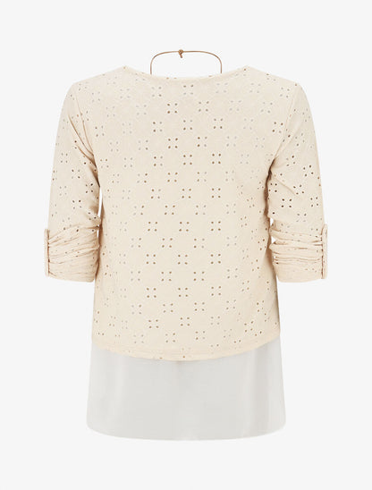 Blouse ajourée superposée à manches retroussables - Beige - 2