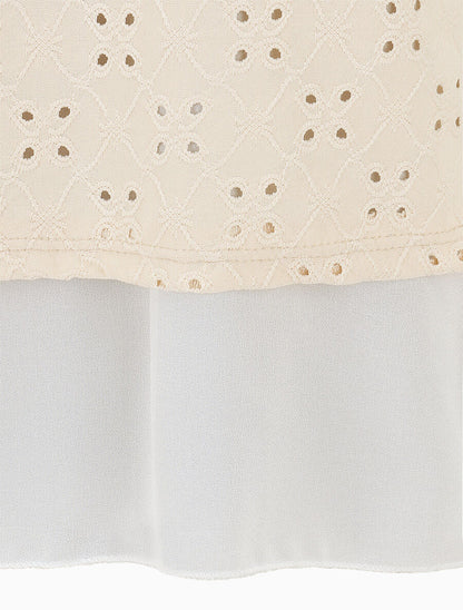 Blouse ajourée superposée à manches retroussables - Beige - 3