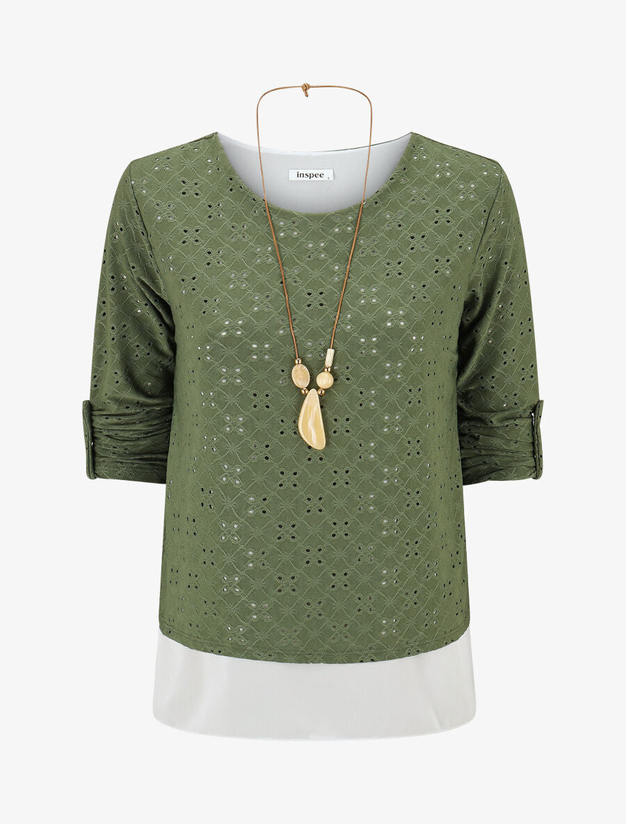 Blouse ajourée superposée à manches retroussables - Kaki - 1