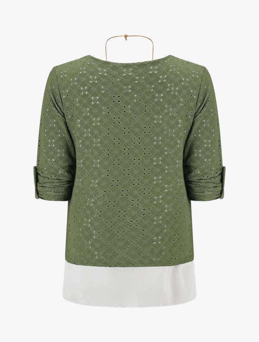 Blouse ajourée superposée à manches retroussables - Kaki - 2