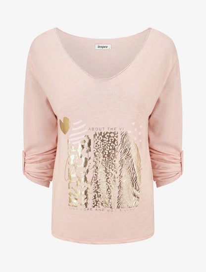 Pull fin à flocage irisé et manches retroussables - Rose - 4