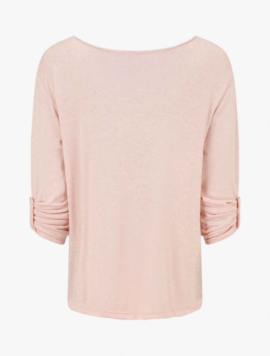 Pull fin à flocage irisé et manches retroussables - Rose - 2