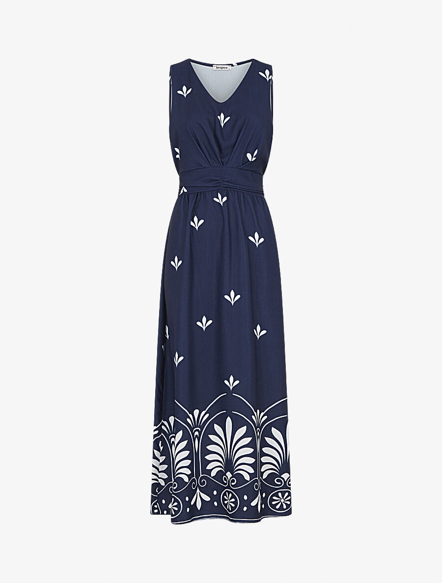 Robe longue sans manches à fleurs style arabesque - Marine - 1
