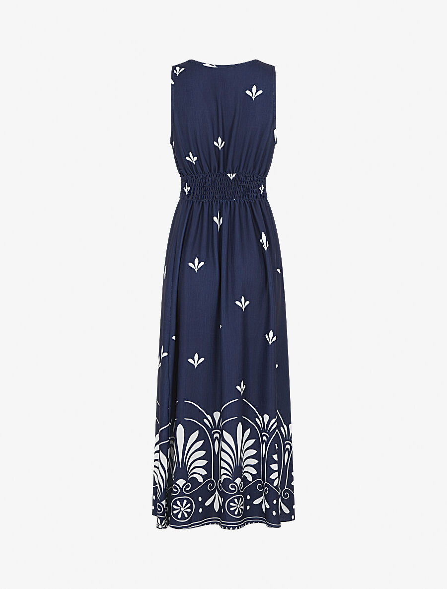 Robe longue sans manches à fleurs style arabesque - Marine - 2