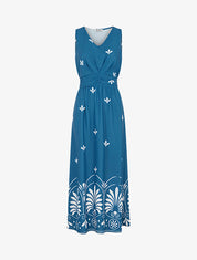 Robe longue sans manches à fleurs style arabesque - Bleu canard - 4