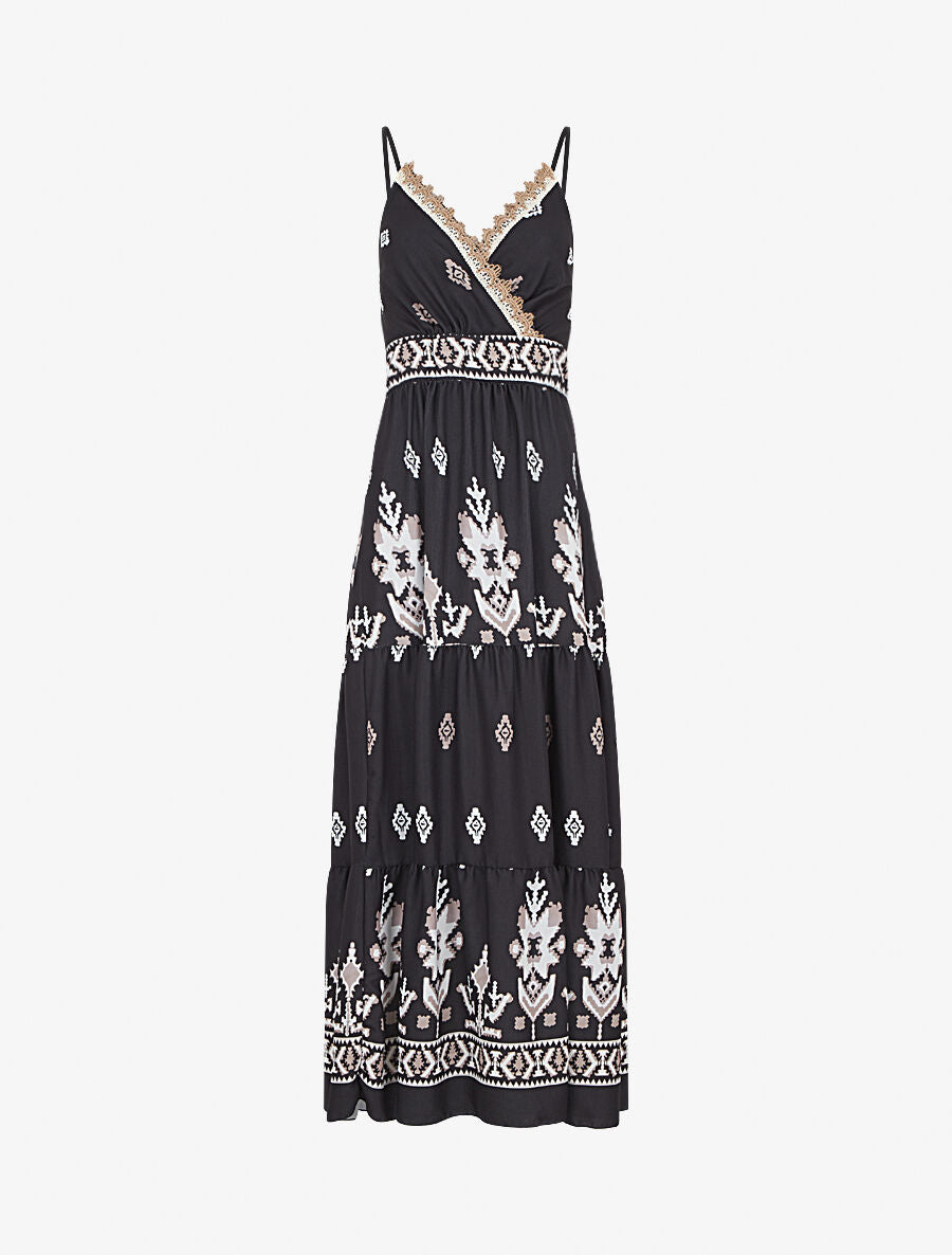 Robe longue à taille élastiquée imprimé ikat - Noir - 1