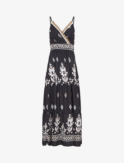 Robe longue à taille élastiquée imprimé ikat - Noir - 1
