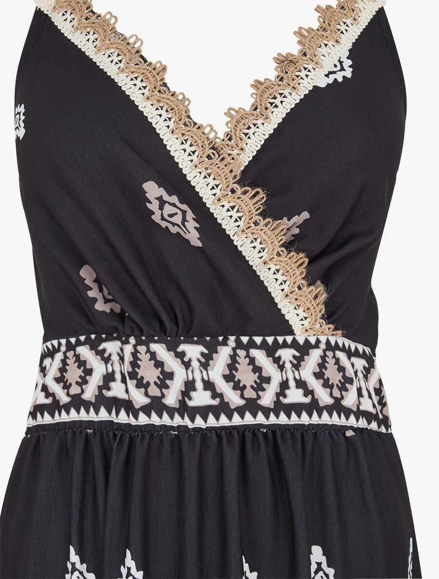 Robe longue à taille élastiquée imprimé ikat - Noir - 3