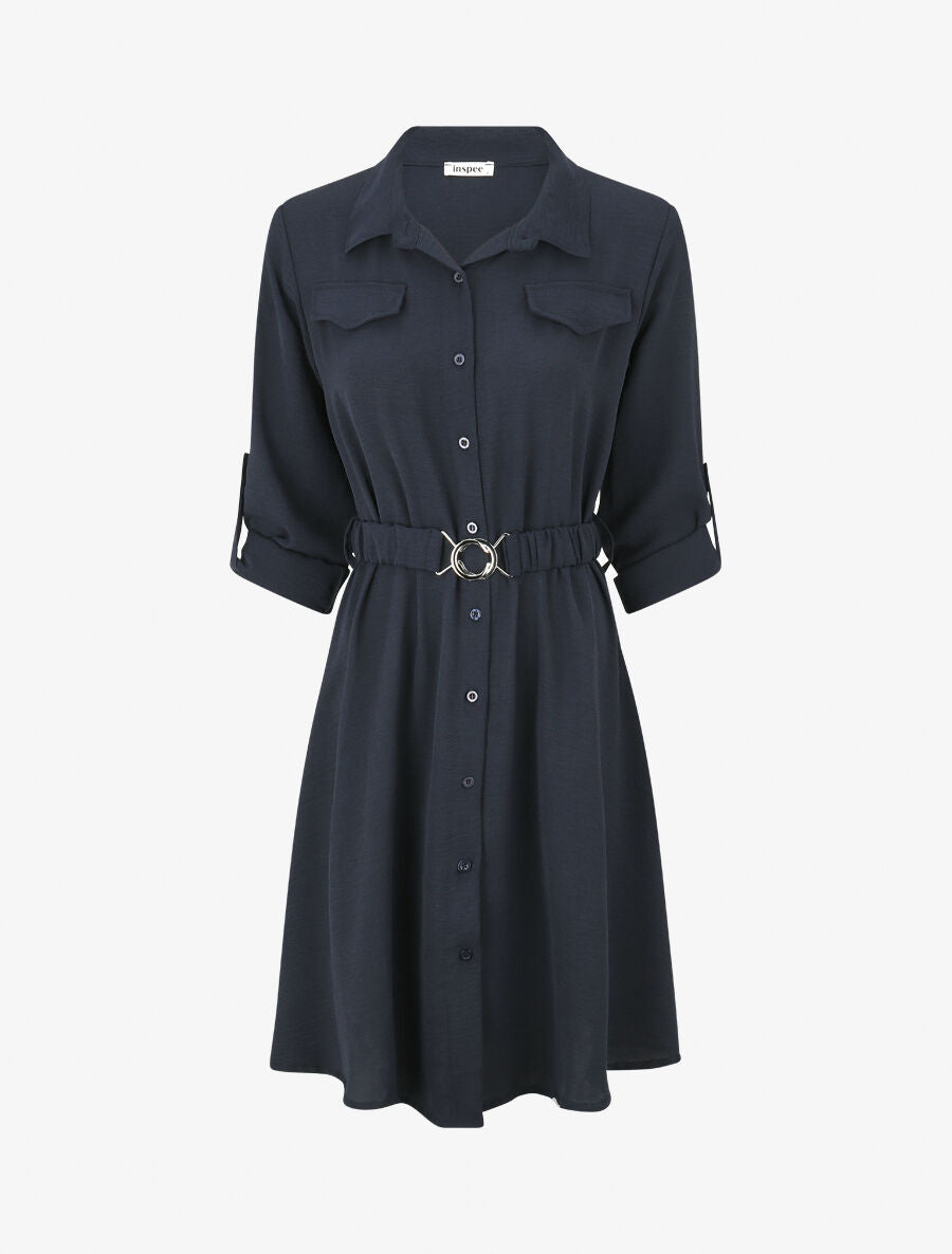 Robe chemise courte coupe droite - Marine - 1