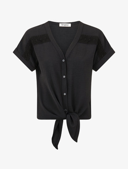 Blouse unie à nouer et détail broderies - Noir - 1
