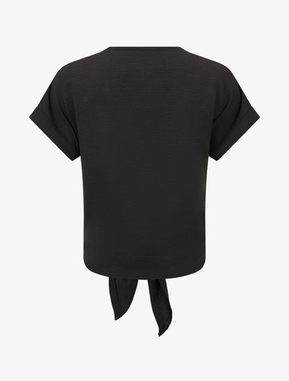 Blouse unie à nouer et détail broderies - Noir - 2