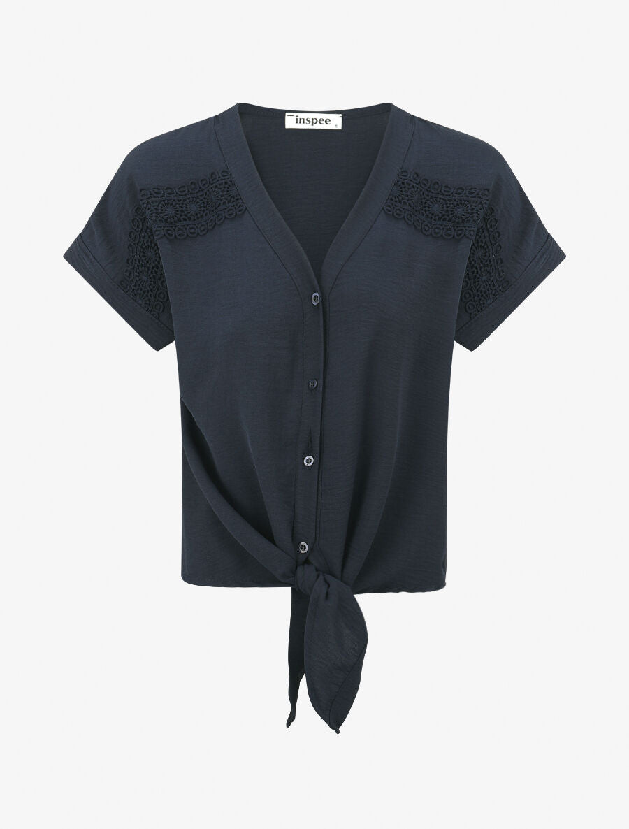 Blouse unie à nouer et détail broderies - Marine - 4