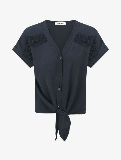 Blouse unie à nouer et détail broderies - Marine - 4