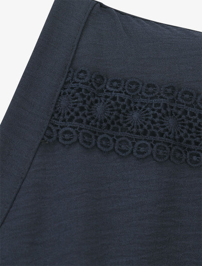 Blouse unie à nouer et détail broderies - Marine - 3