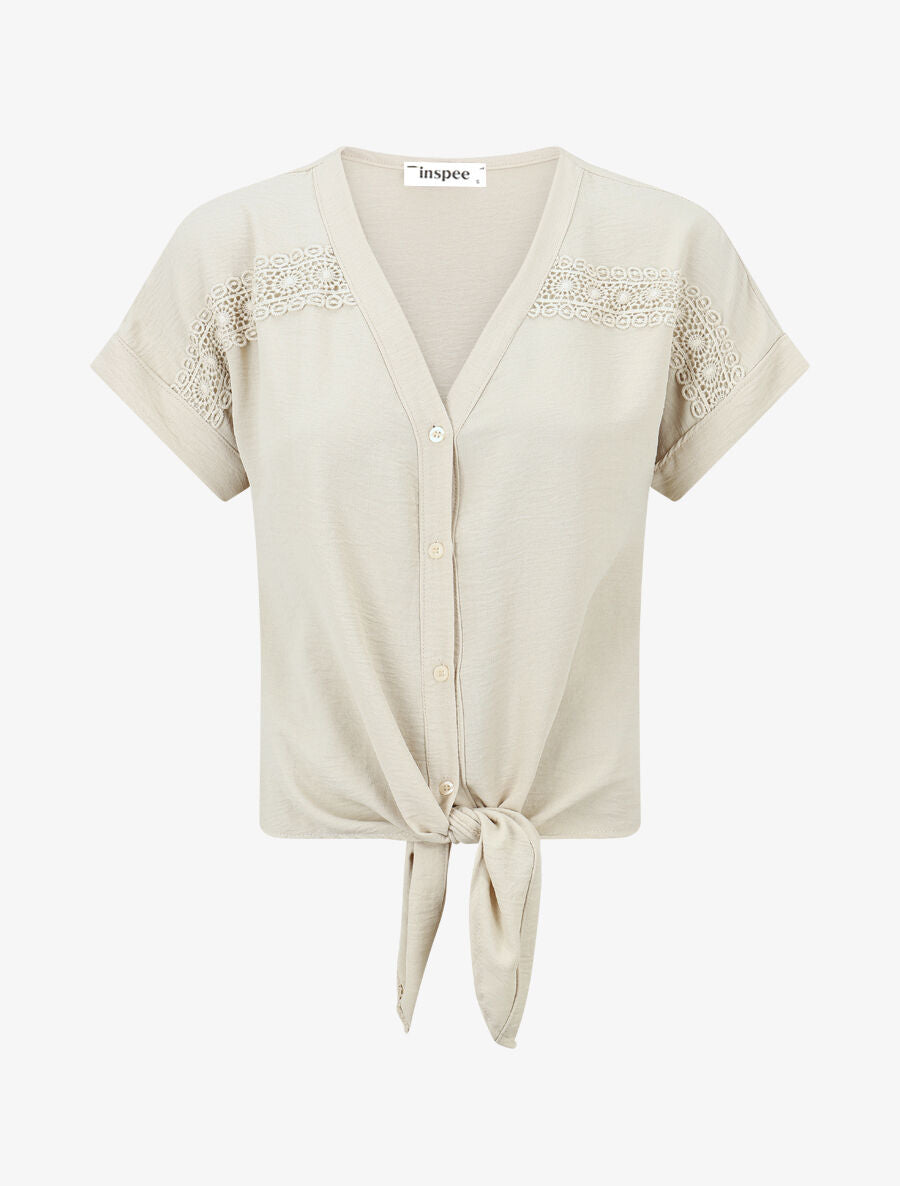 Blouse unie à nouer et détail broderies - Beige - 1