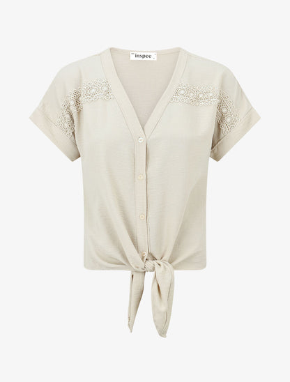 Blouse unie à nouer et détail broderies - Beige - 1