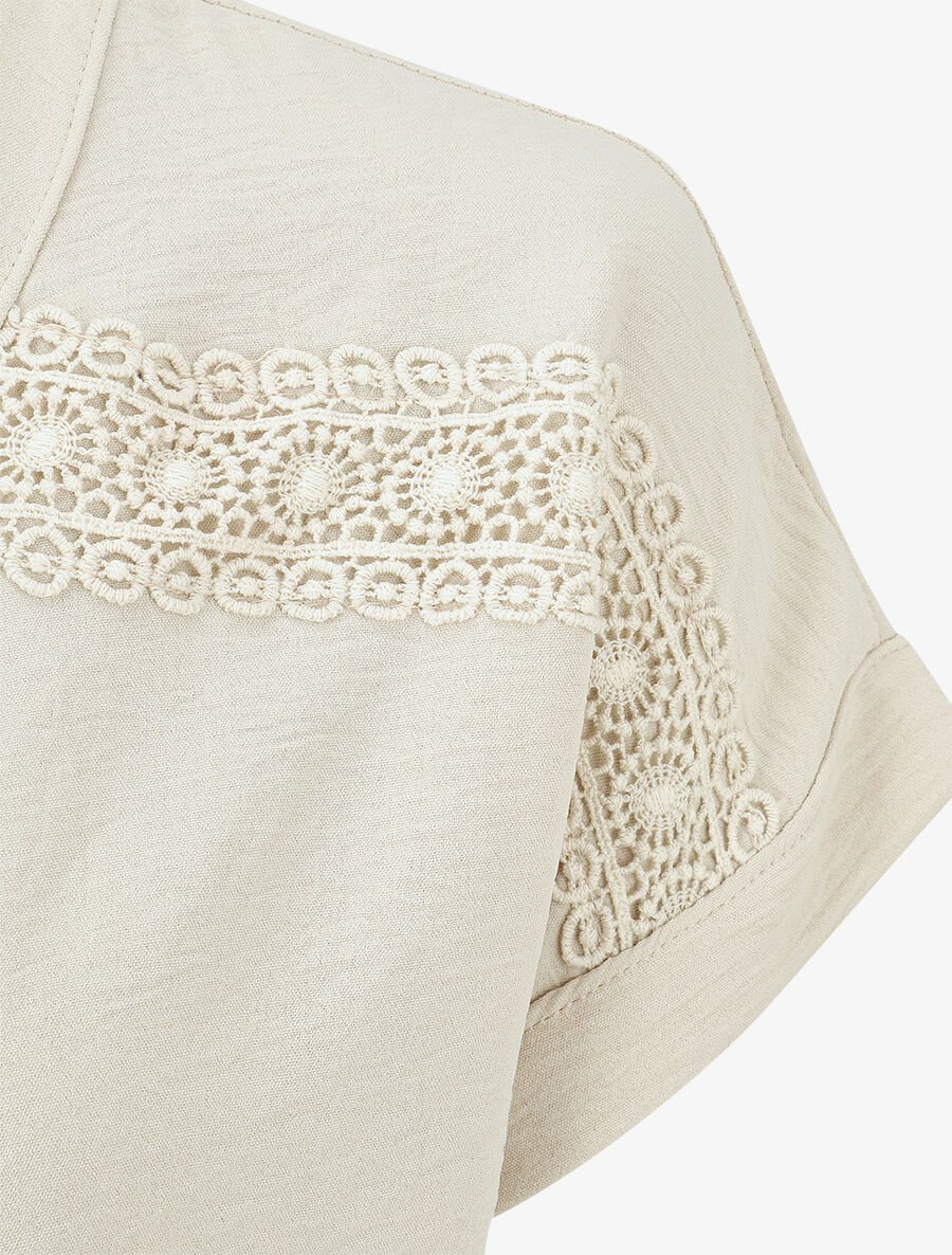 Blouse unie à nouer et détail broderies - Beige - 3