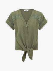 Blouse unie à nouer et détail broderies - Kaki - 4