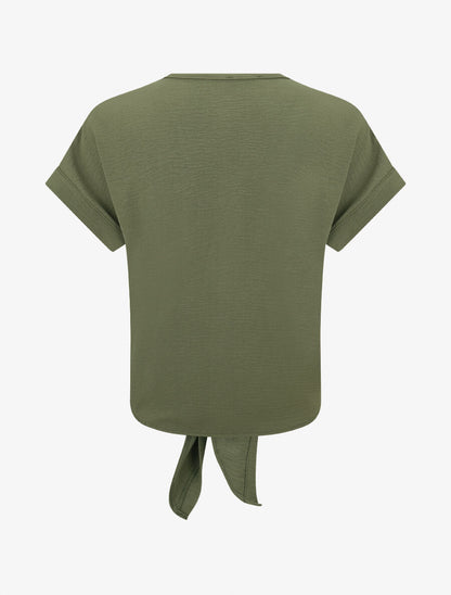 Blouse unie à nouer et détail broderies - Kaki - 2