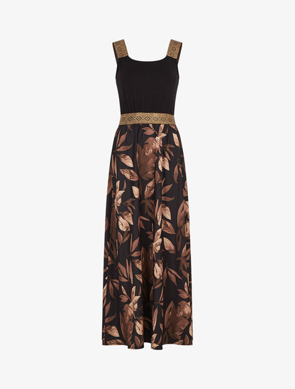 Robe longue à bretelles imprimé feuilles - Noir - 1