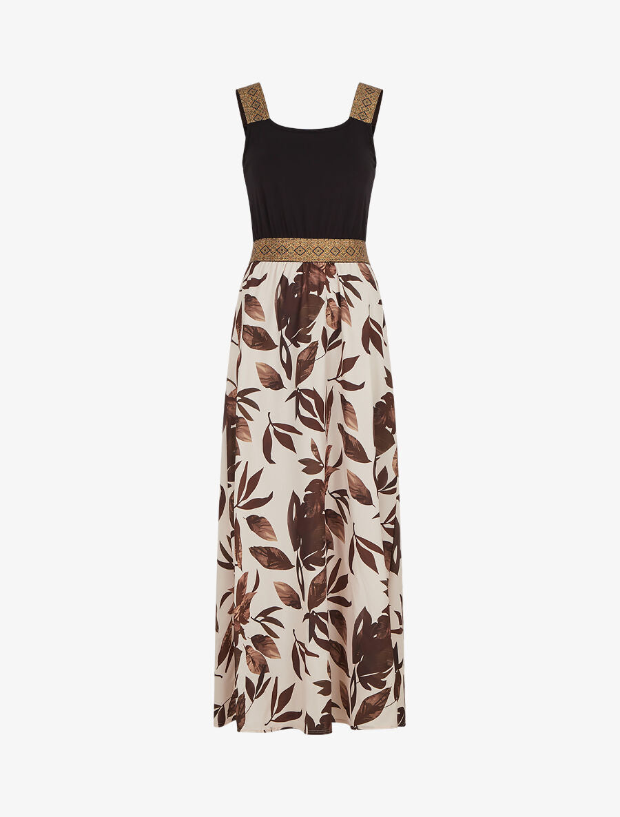 Robe longue à bretelles imprimé feuilles - Beige - 4
