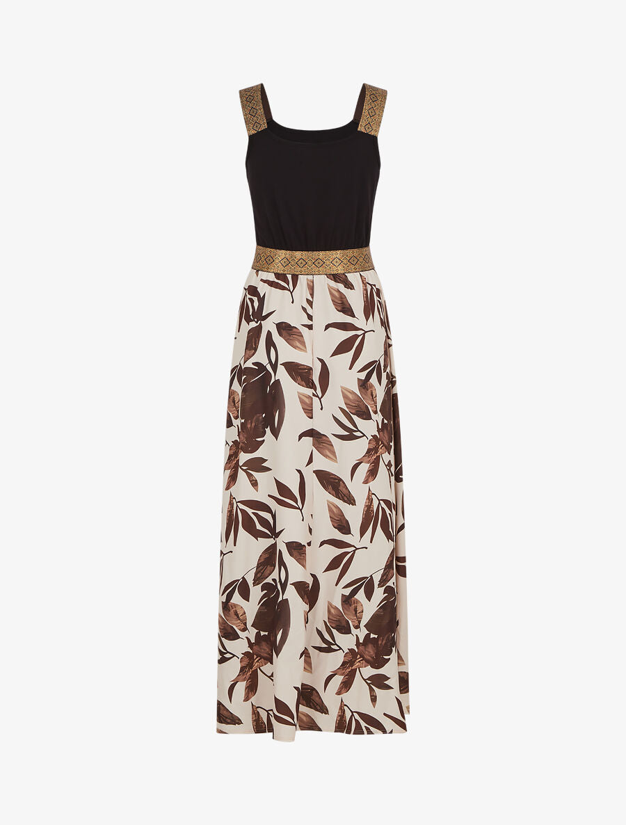 Robe longue à bretelles imprimé feuilles - Beige - 2