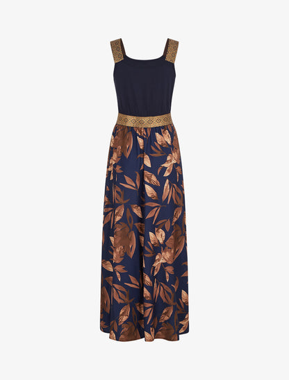 Robe longue à bretelles imprimé feuilles - Marine - 2