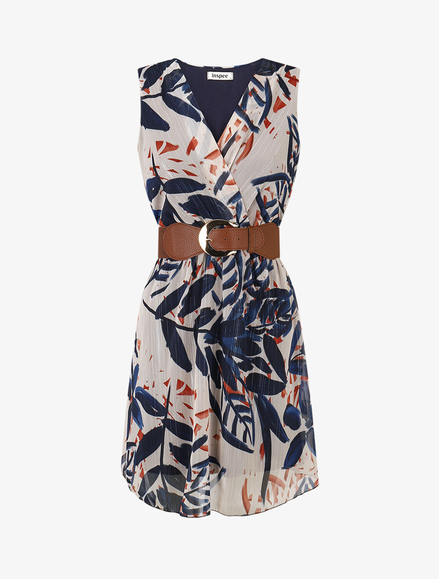 Robe courte sans manches imprimé feuilles irisé - Marine - 1
