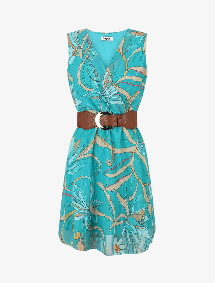 Robe courte sans manches imprimé floral irisé - Bleu lagon - 1
