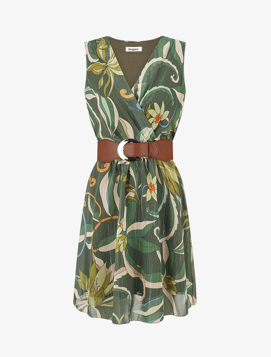 Robe courte sans manches imprimé floral irisé - Kaki - 4
