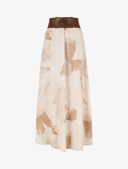 Jupe longue évasée imprimé abstrait - Beige - 4