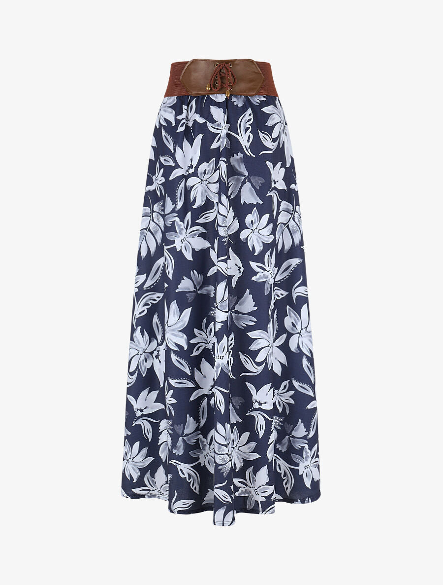 Jupe longue évasée imprimé floral - Marine - 4
