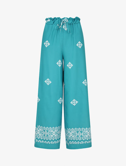 Pantalon imprimé fantaisie à taille élastiquée - Bleu canard - 1
