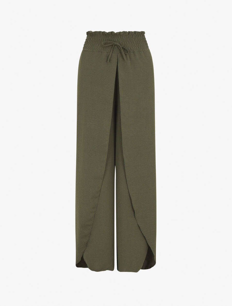 Pantalon tulipe uni à taille élastiquée - Kaki - 1