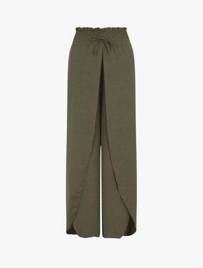 Pantalon tulipe uni à taille élastiquée - Kaki - 1