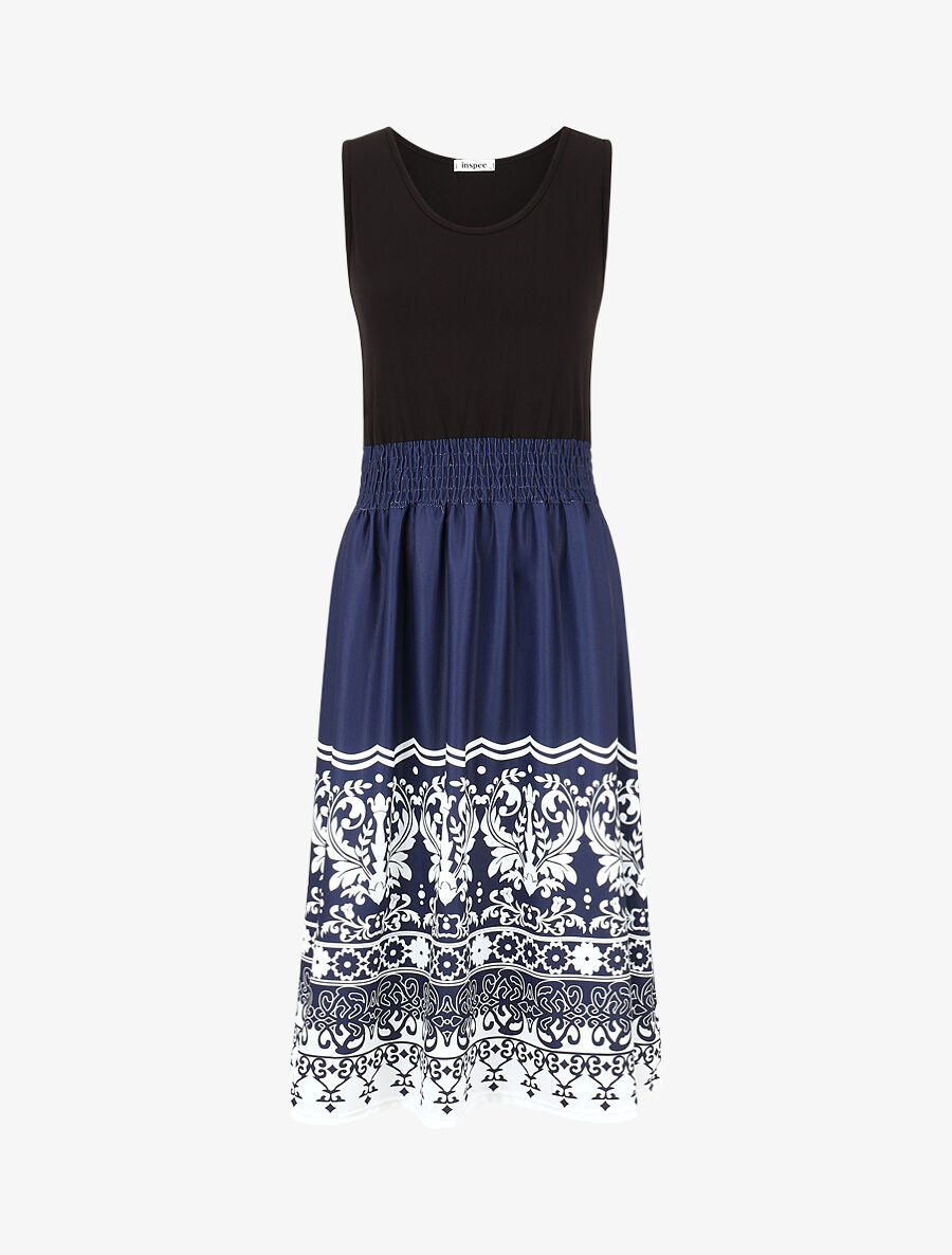 Robe midi évasée sans manches imprimé floral - Marine - 4