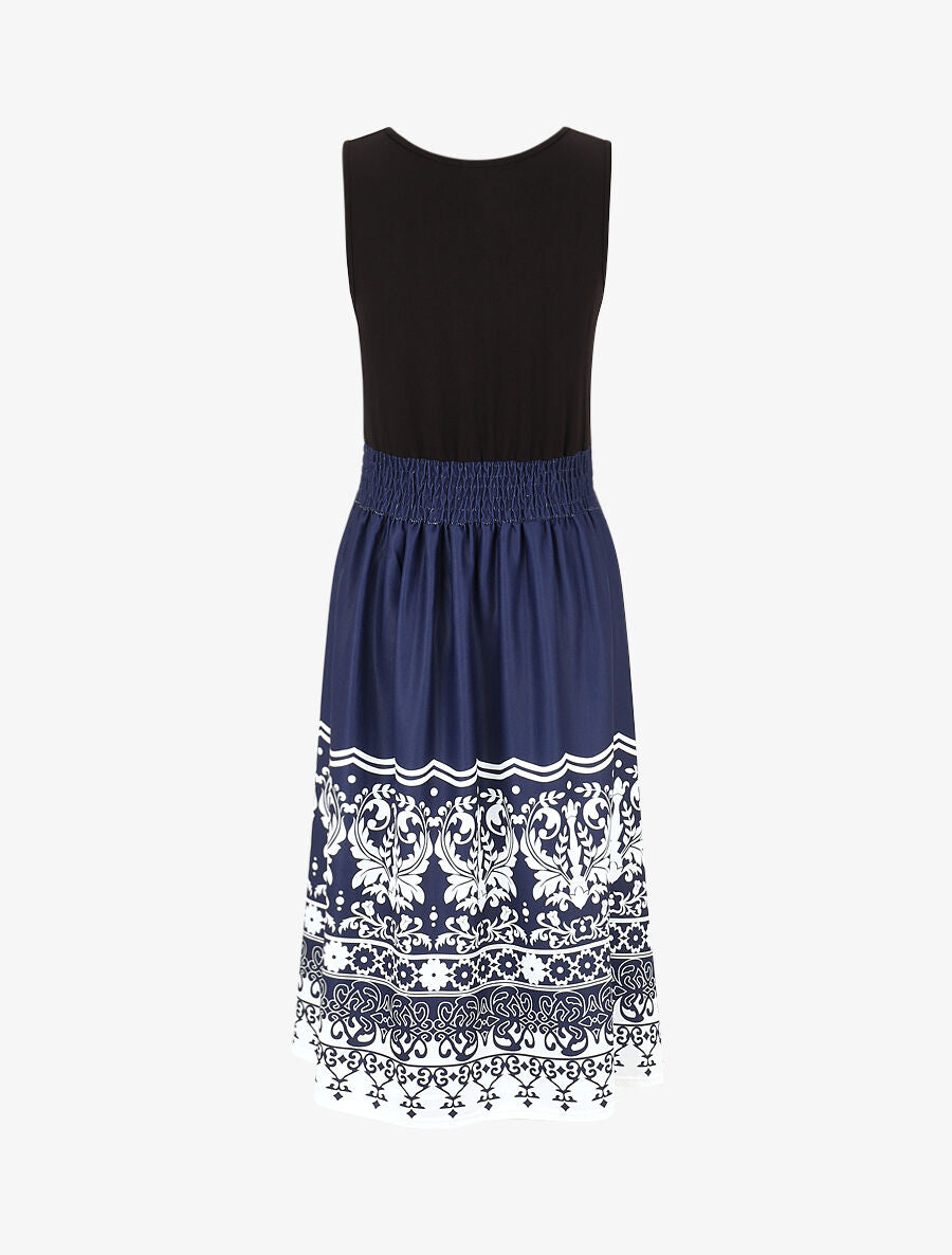 Robe midi évasée sans manches imprimé floral - Marine - 2