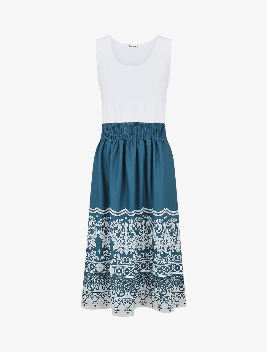 Robe midi évasée sans manches imprimé floral - Bleu canard - 1