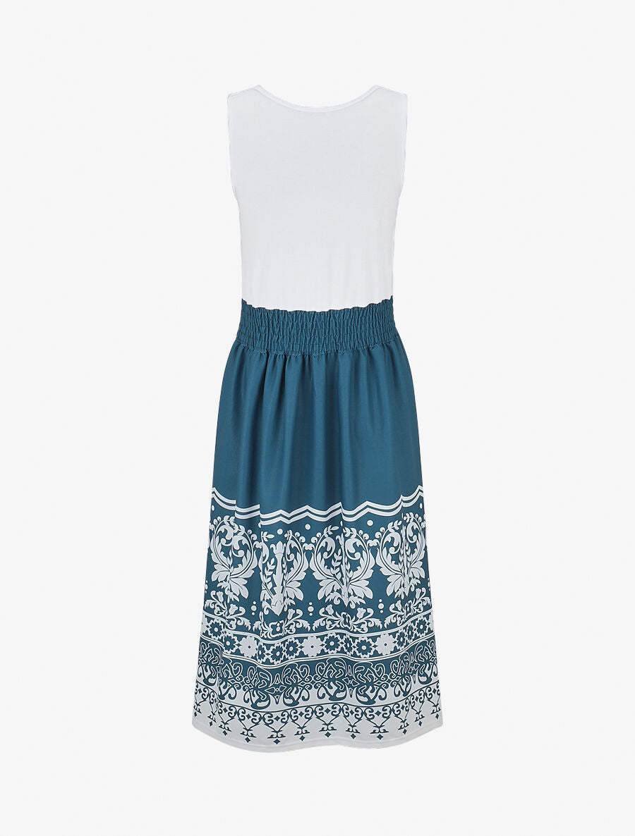 Robe midi évasée sans manches imprimé floral - Bleu canard - 2