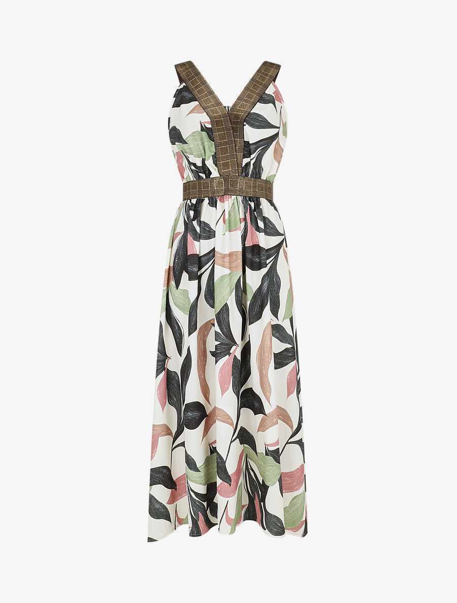Robe longue à détail irisées et imprimé feuilles - Noir - 1