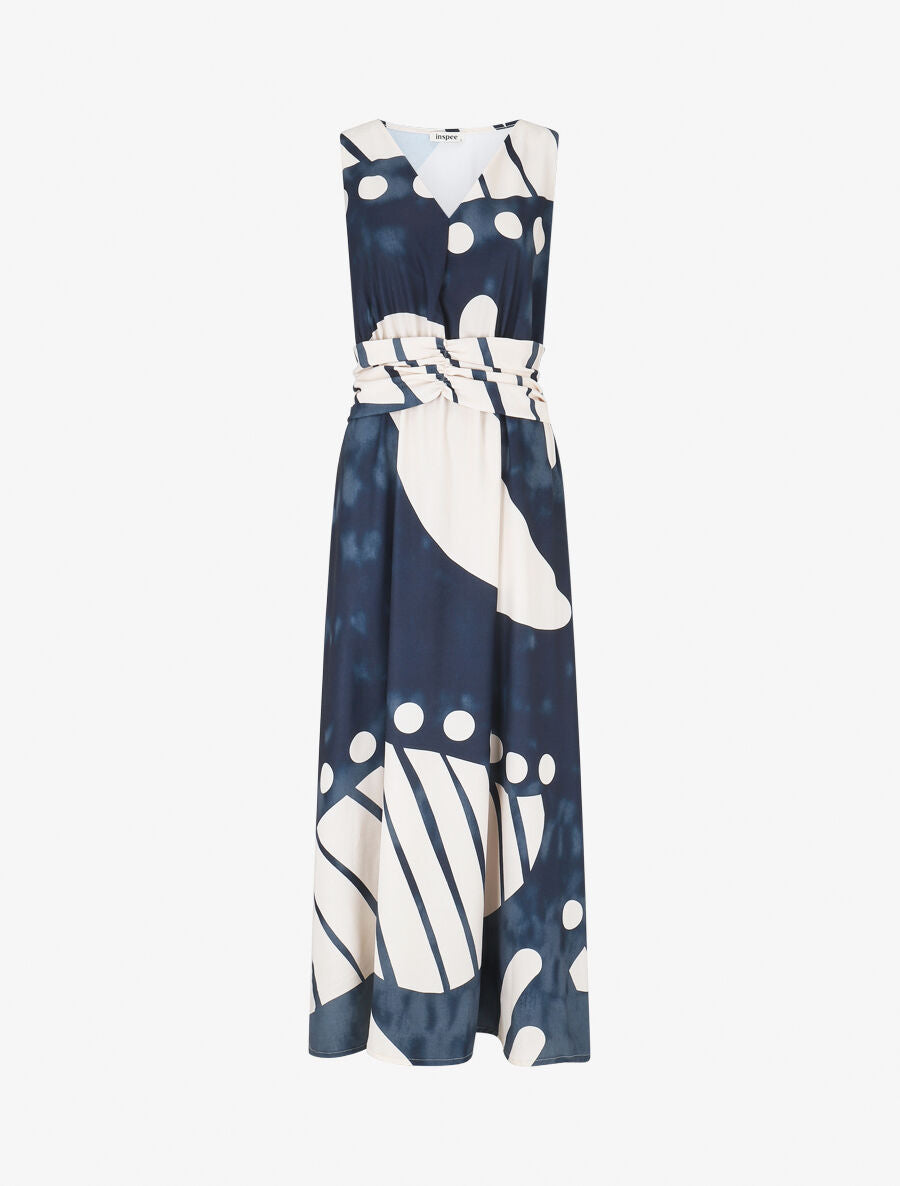 Robe longue élastiquée imprimé fantaisie - Marine - 1