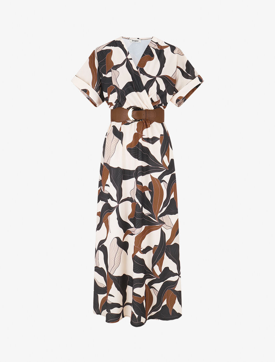 Robe longue à cache-coeur imprimé feuillage - Noir - 1